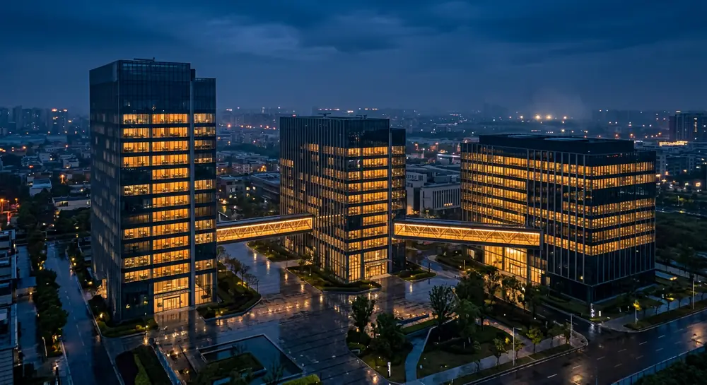 Three modern office buildings at dusk connected by lit glass walkways, seen from above