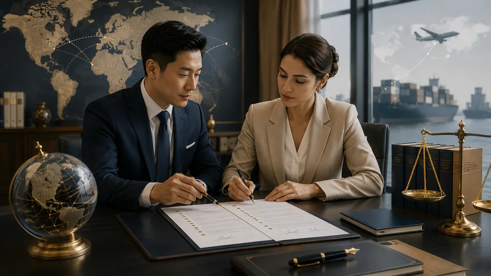 Two business professionals reviewing and signing an international commercial contract at an office desk, with a world map, globe, scales of justice, and a shipping port in the background