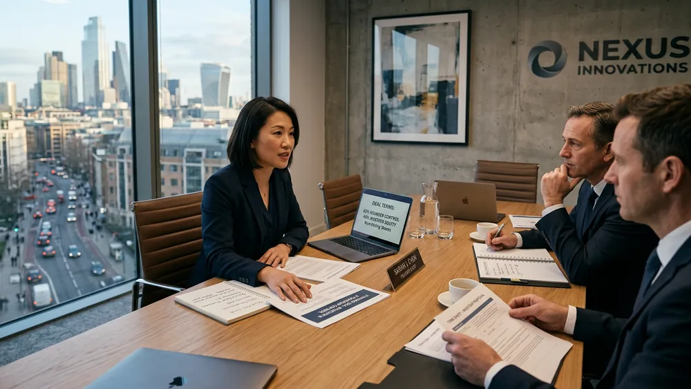 A founder presents deal terms across a conference table while two investors review a term sheet, illustrating how to structure investor deals without losing control