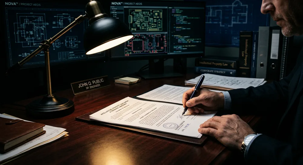 Engineer signing an intellectual property assignment agreement at a desk with schematics and source code on screens