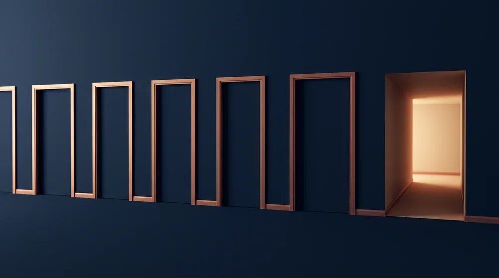 A row of identical closed doors along a calm navy wall, with the wall opening at one end into a single lit corridor that has no doors at all.