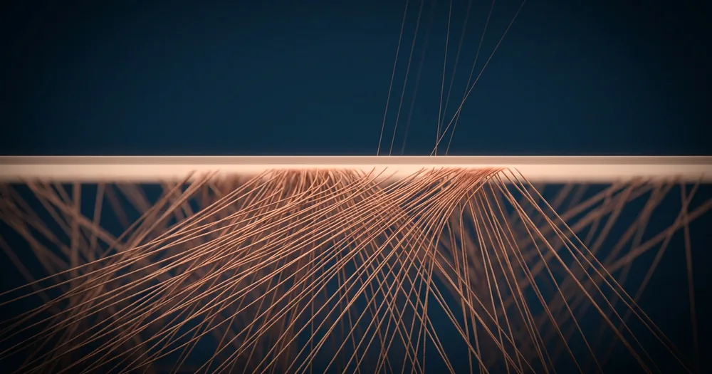 Dense copper filaments rising against a luminous horizontal boundary on a deep navy field; a few thin strands pass through it and continue upward into open space.