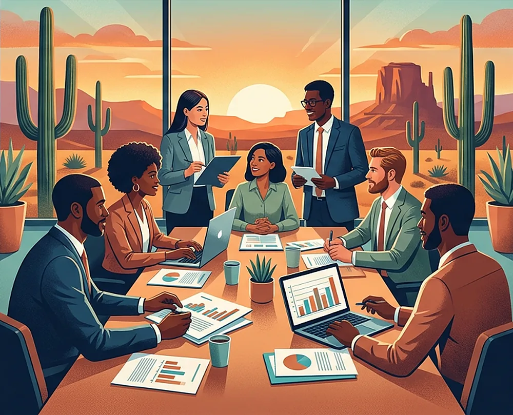 Business owners reviewing documents in a conference room overlooking the Arizona desert at sunset