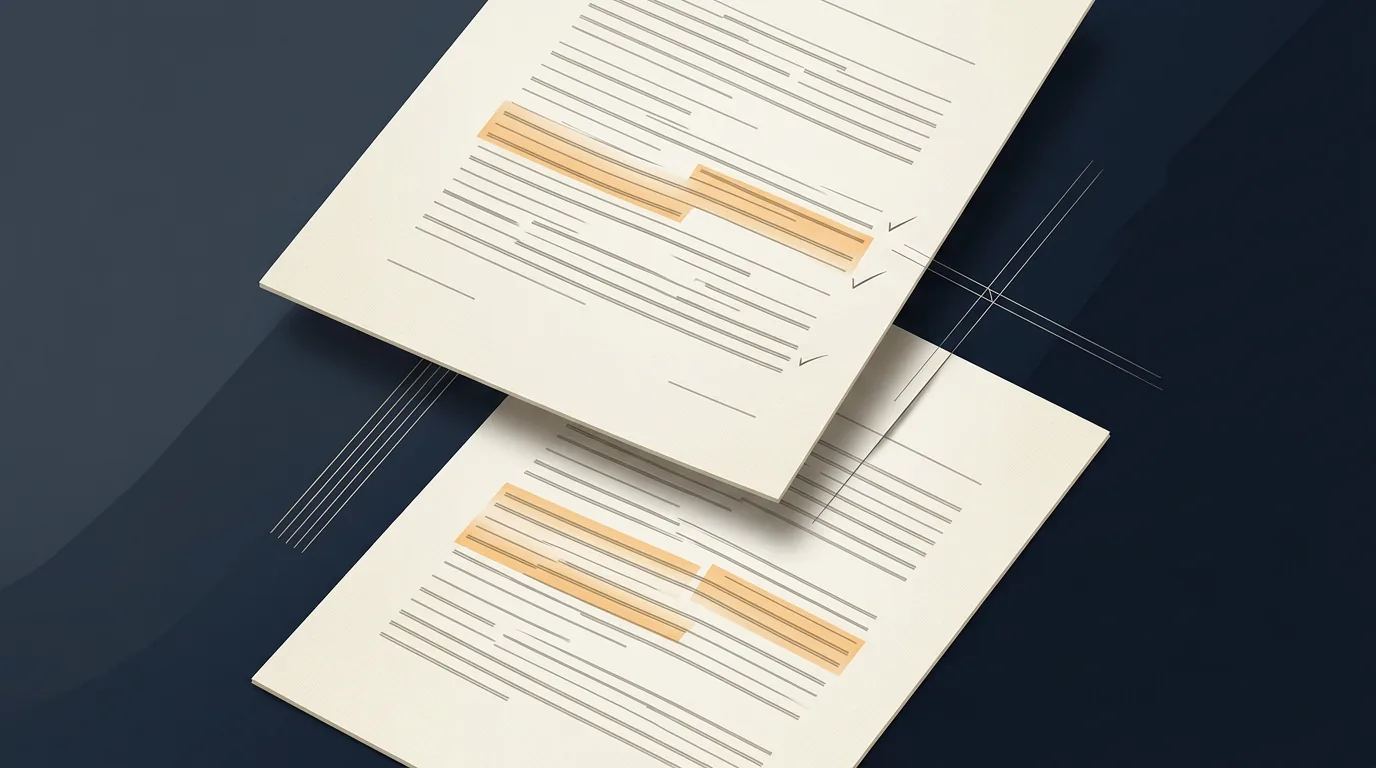 Two cream documents overlapping at an angle on a deep navy field, each with the same passages marked in amber highlighter and small check marks in the margin, as a master agreement and a statement of work might be read against each other.