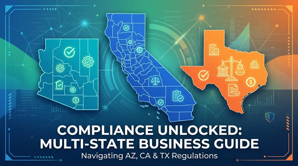 Stylized maps of Arizona, California, and Texas with compliance icons &mdash; checkmarks, scales, documents, and gears &mdash; under the headline Compliance Unlocked: Multi-State Business Guide