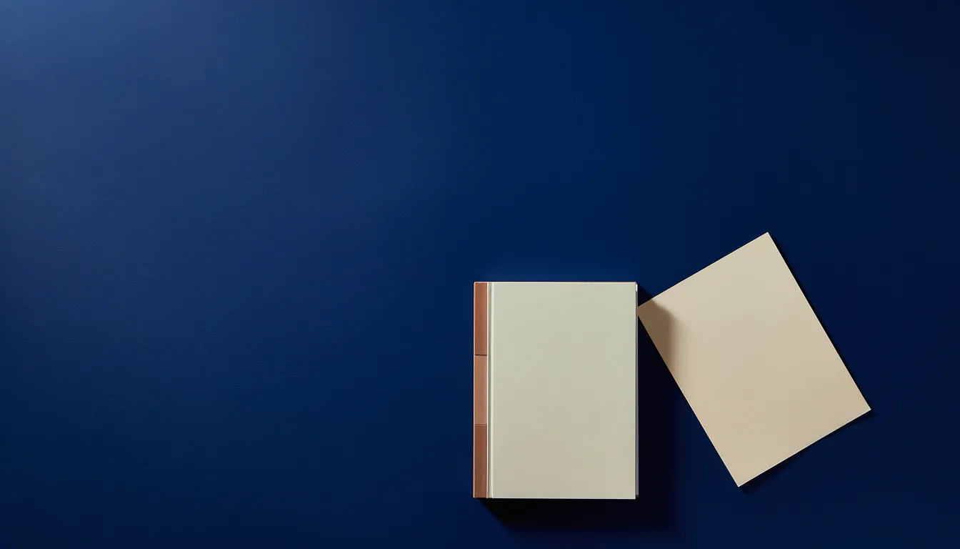 A slim closed cream folder with a copper spine lies on a navy surface, and a single loose cream sheet lies just outside it, turned at an angle.