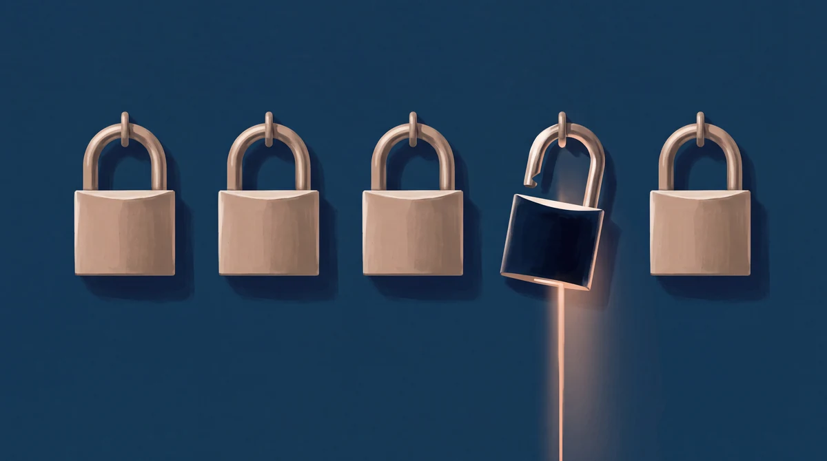 Editorial illustration of five padlocks in a row on a navy wall, the fourth hanging open with light escaping from it