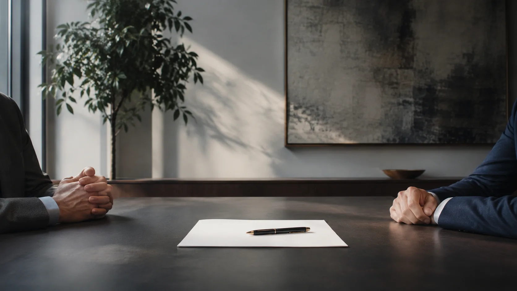 Two business partners seated across a conference table from each other with a single blank sheet of paper and a pen between them, representing a business relationship with no written partnership agreement