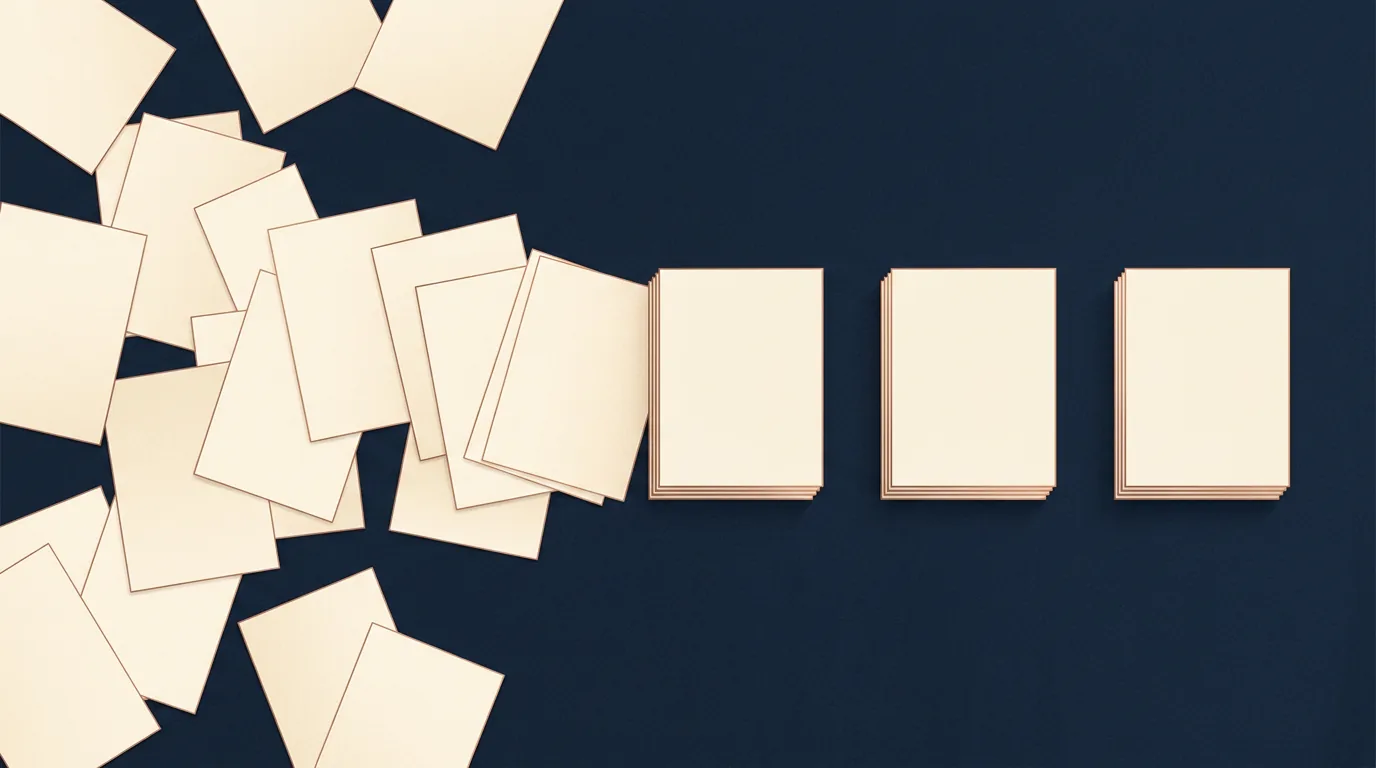 A scattered pile of loose cream documents on a dark navy field resolving, left to right, into three neat squared-off stacks with copper edges.