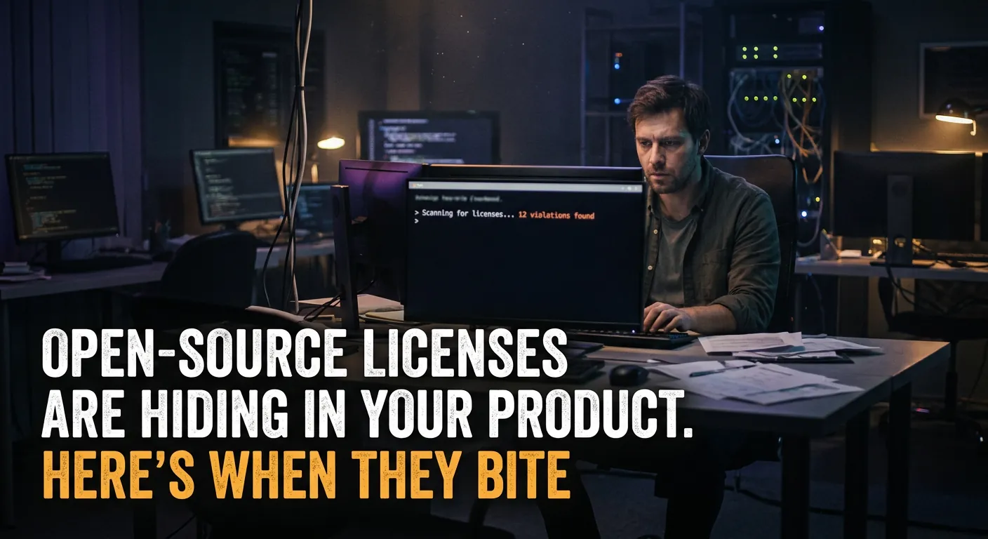 A developer works alone at night in a dark server room; a terminal on screen reads Scanning for licenses, 12 violations found