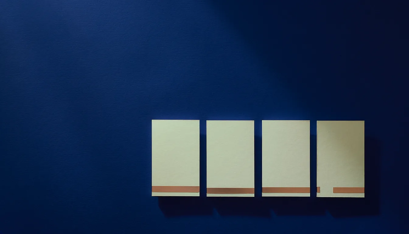 Four identical cream cards in a row on a navy surface, each with a copper strip along its bottom edge of a different length.