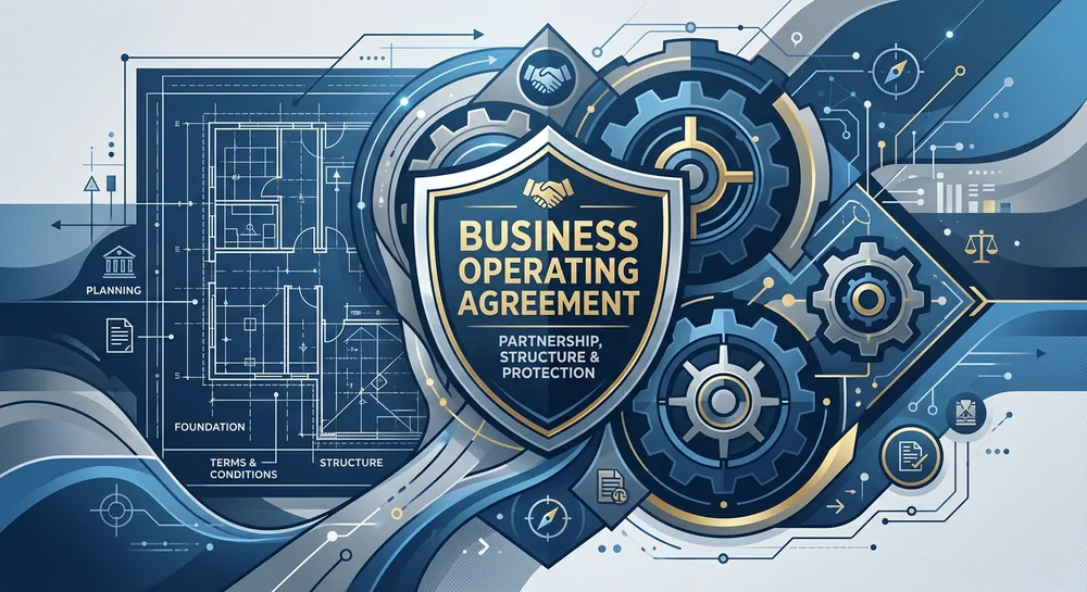 Illustration of a business operating agreement as a shield connecting planning, structure, and protection