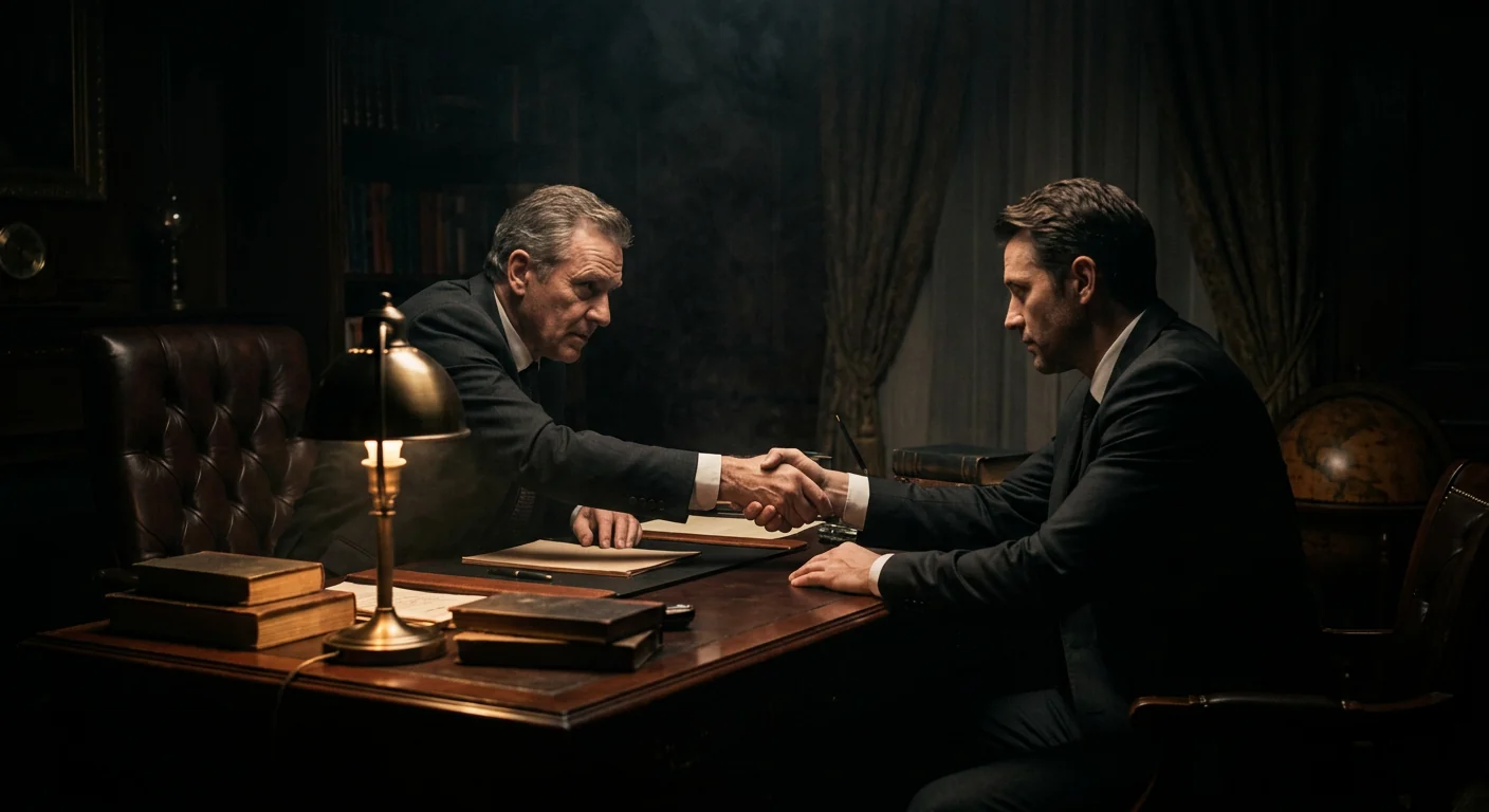 Business owners shaking hands over an oral contract in a dark office setting