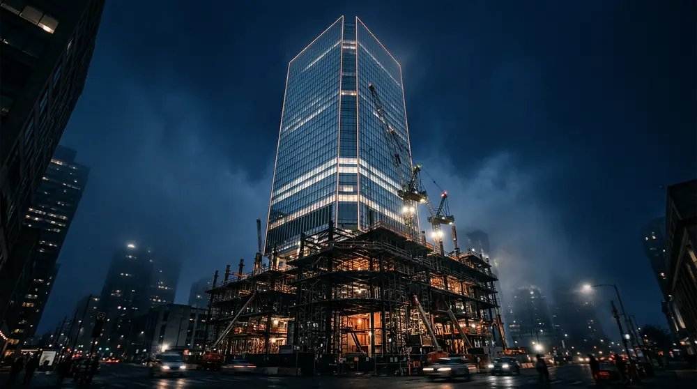 A glass office tower at night, its finished upper floors rising above an unfinished steel frame and construction cranes