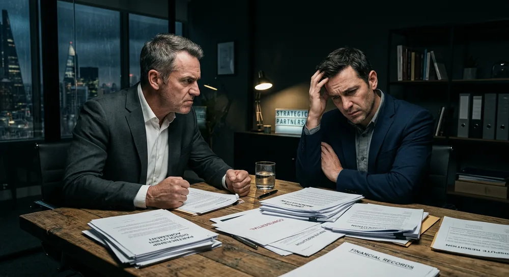 Two business partners in a tense late-night dispute over partnership dissolution documents and financial records