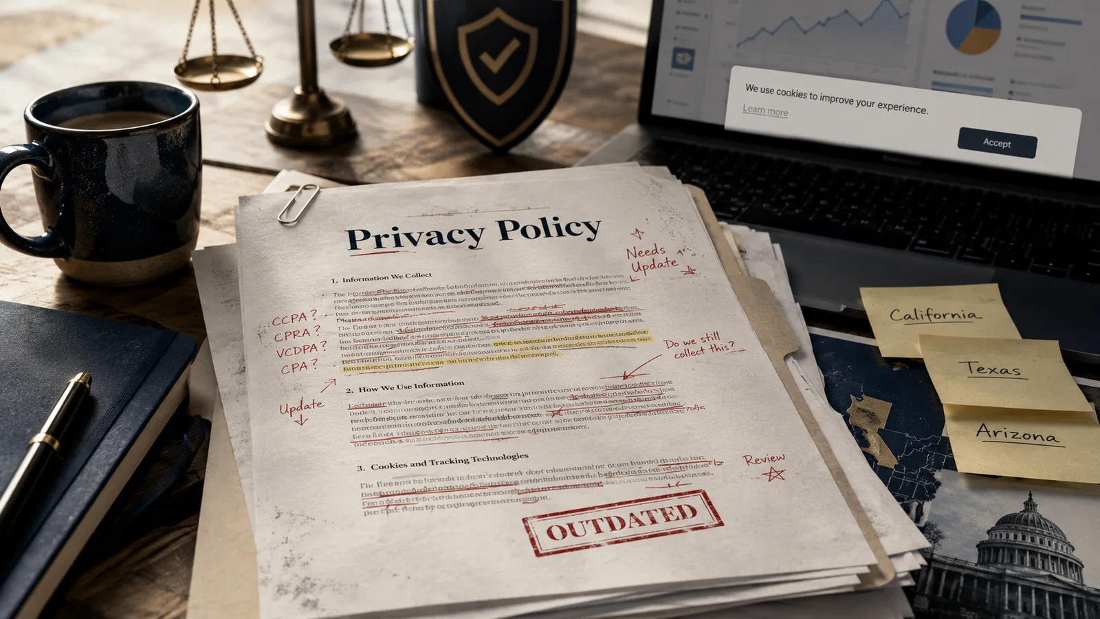 A printed privacy policy stamped &ldquo;Outdated,&rdquo; marked up with CCPA, CPRA and other privacy-law notes, beside California, Texas and Arizona sticky notes and a laptop cookie-consent banner
