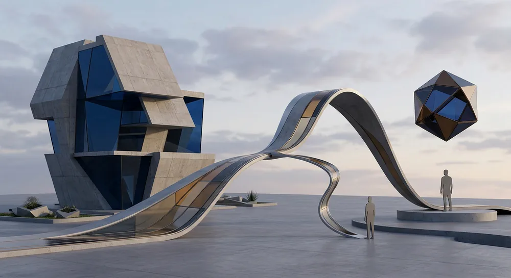 Abstract sculptural scene of a flowing ribbon emerging from a building form and dividing into two paths leading to separate figures, with a faceted polygon remaining whole and apart from the split