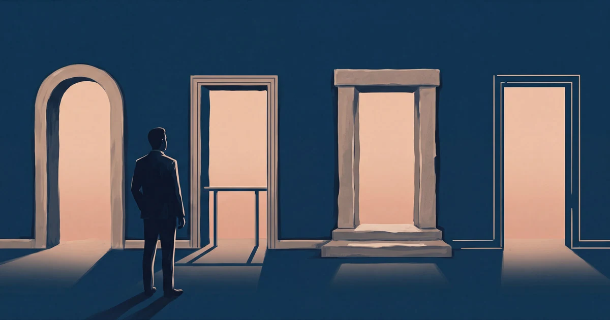 Illustration of a person in a business suit standing before four doorways of different construction, each opening onto the same warm light