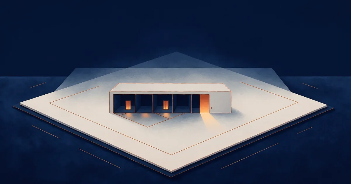 Open blank document with a cutaway architectural model rising from it, each interior room lit warmly from within.