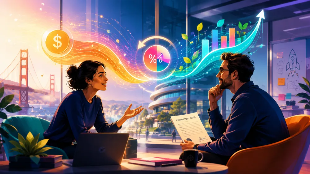 Illustration of a founder and a funder discussing a promissory note, with financial symbols for money, percentage participation, and growth between them