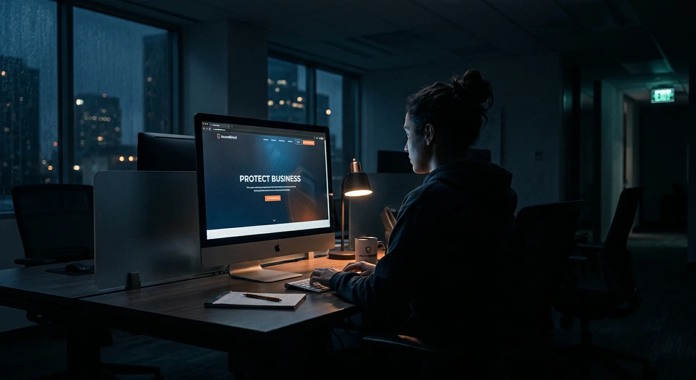 Startup founder reviewing legal protections for a business idea on a dark office computer screen