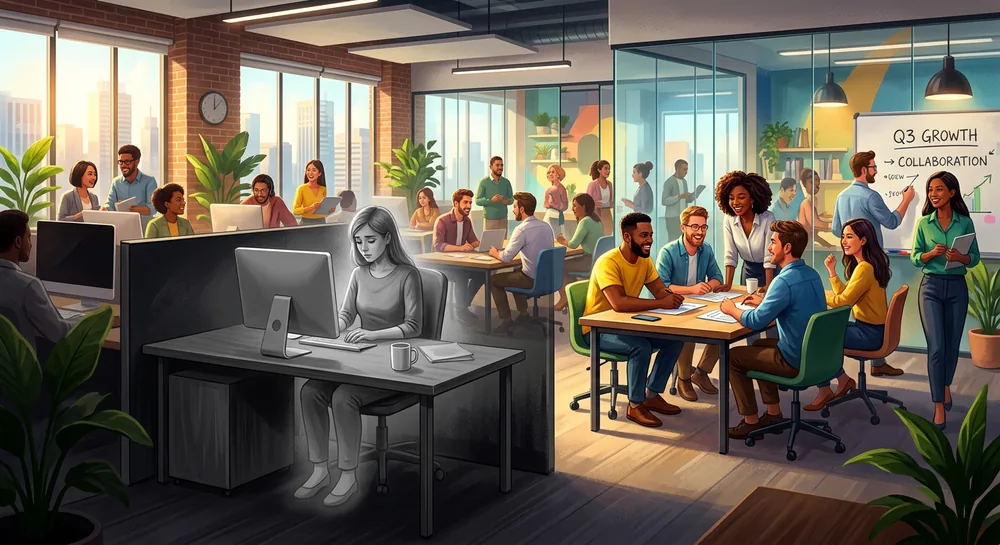 A busy office where one employee sits isolated and greyed-out at a desk while a colorful, engaged team collaborates nearby &mdash; a visual metaphor for quiet firing and workplace exclusion