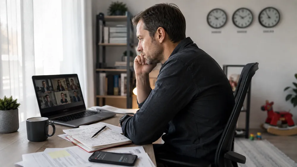 Remote employee on a video call with a distributed team, with three wall clocks showing different time zones, illustrating multi-state remote work