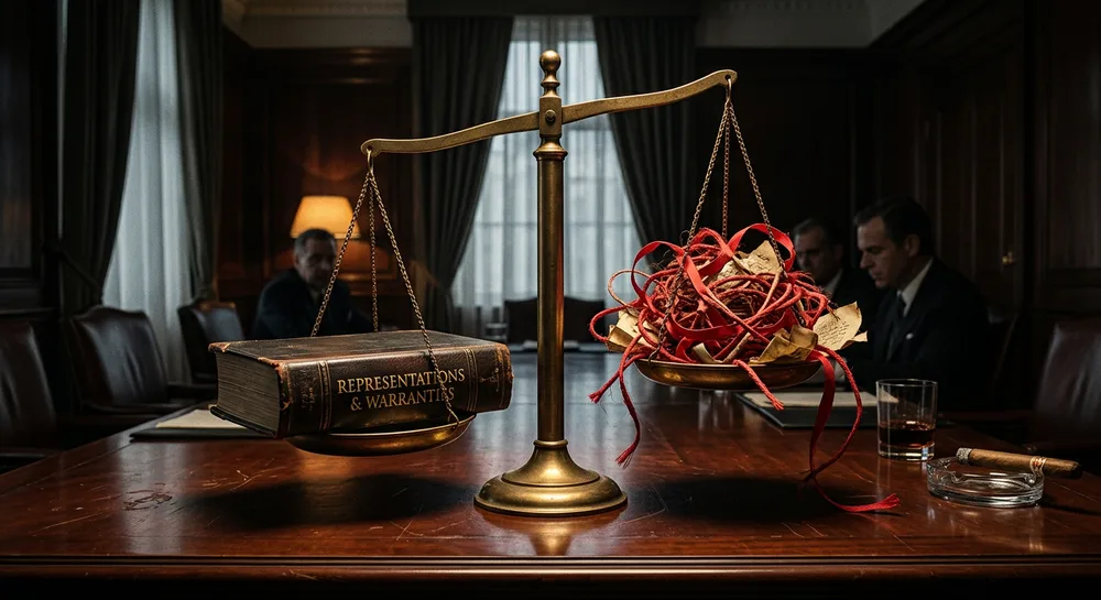 Brass scale of justice on a dark boardroom table: one pan holds a leather book titled Representations and Warranties, the other a tangle of red ribbon and paper scraps, symbolizing the promises and risk allocated in a business sale purchase agreement