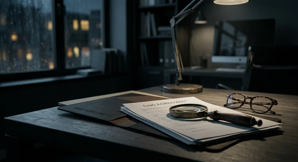 A SaaS agreement document under a brass magnifying glass on a dark wooden desk beside reading glasses and a desk lamp, with a rain-streaked city skyline at night through the window, evoking careful legal review of a software-as-a-service contract