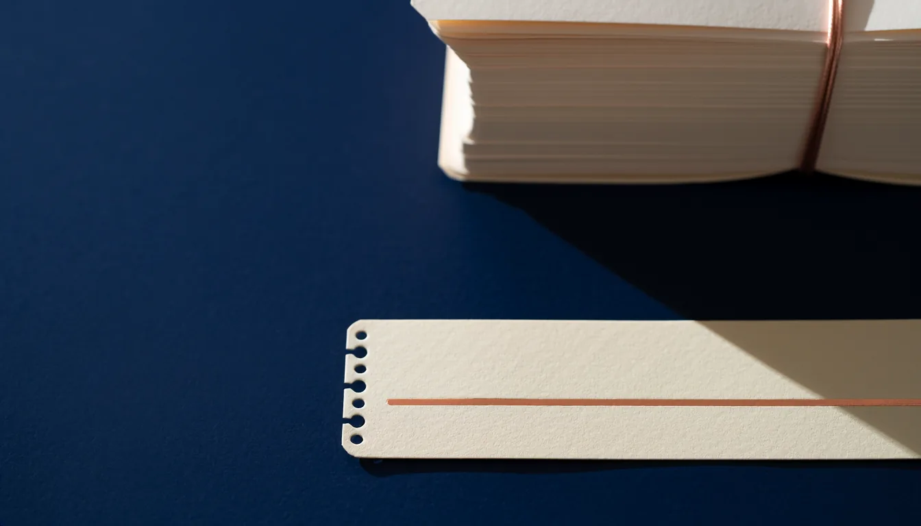 A narrow cream paper ticket with a perforated edge and a single copper line, in front of a thick stack of cream pages bound with copper cord, on a deep navy surface.