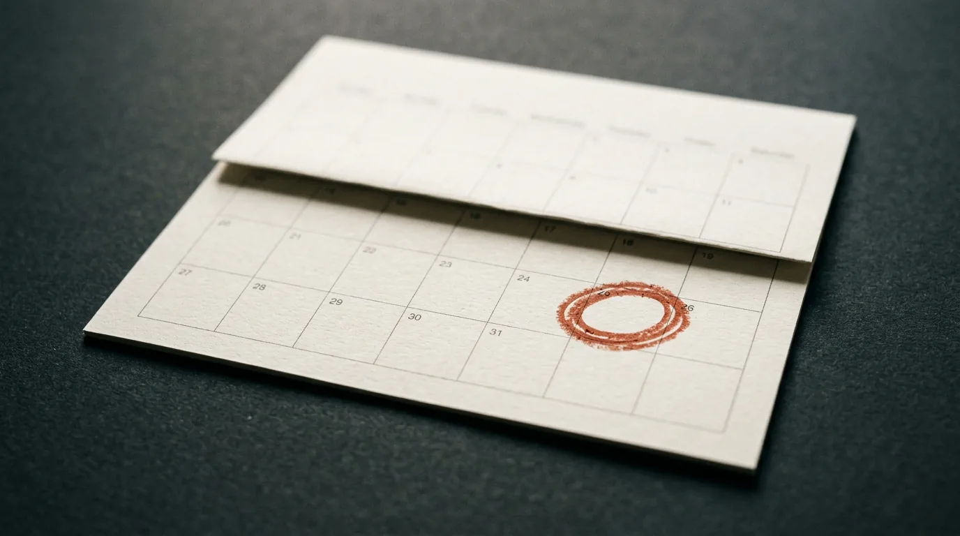 A paper calendar on a dark surface with one date near the end of the month circled in a terracotta grease pencil, the surrounding squares empty.