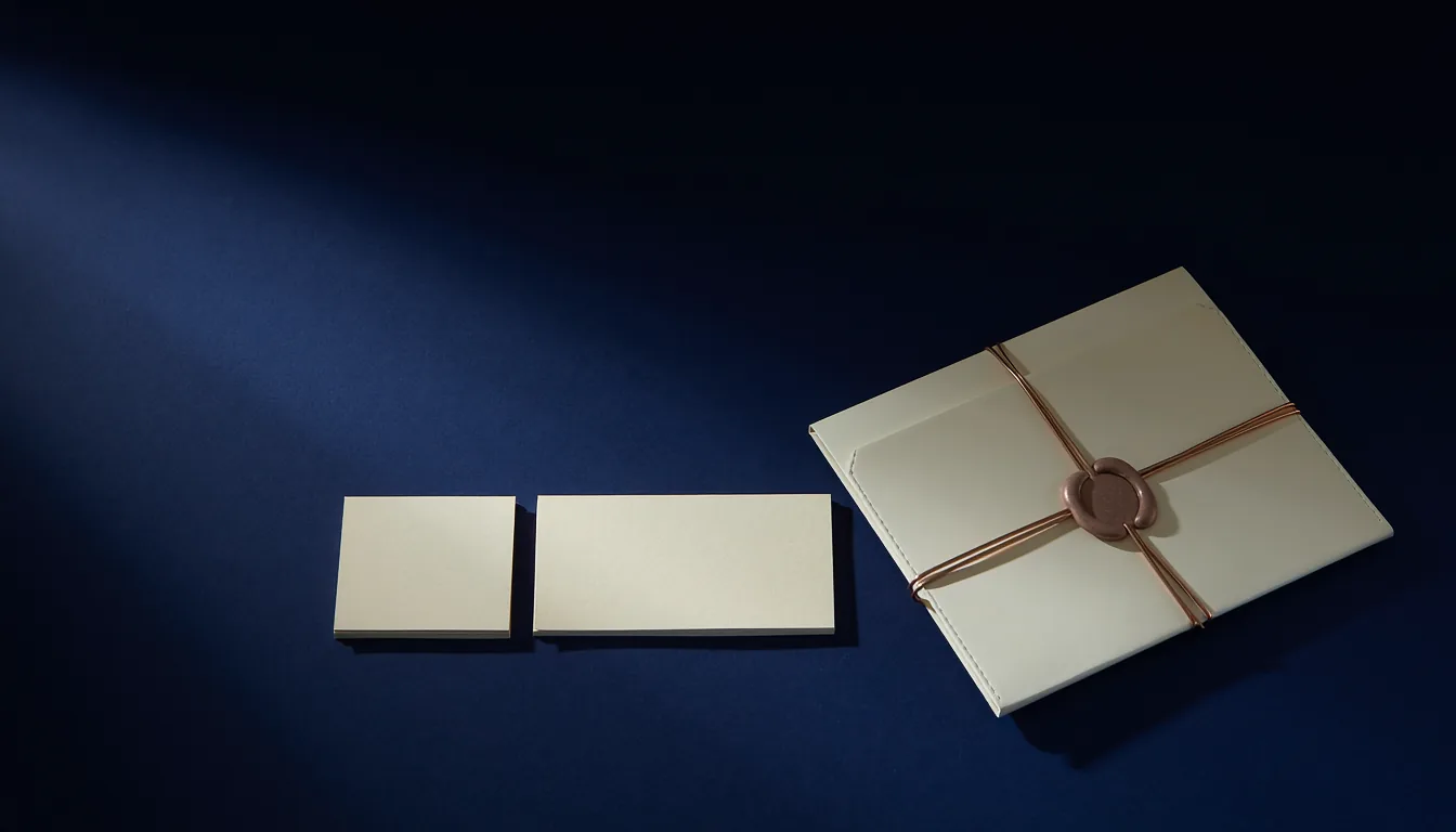 A closed ivory-cream folio tied with a thin copper cord and a copper wax seal, set at an angle on a deep navy surface beside two blank cream cards.