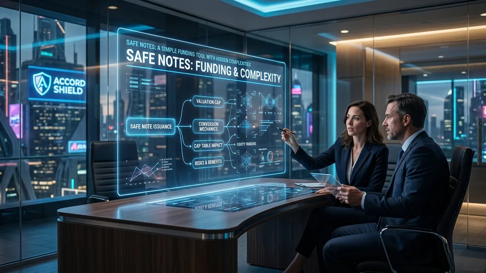 Two attorneys review a holographic diagram mapping SAFE note issuance to valuation cap, conversion mechanics, cap table impact, and risks, illustrating the hidden complexities of SAFE notes