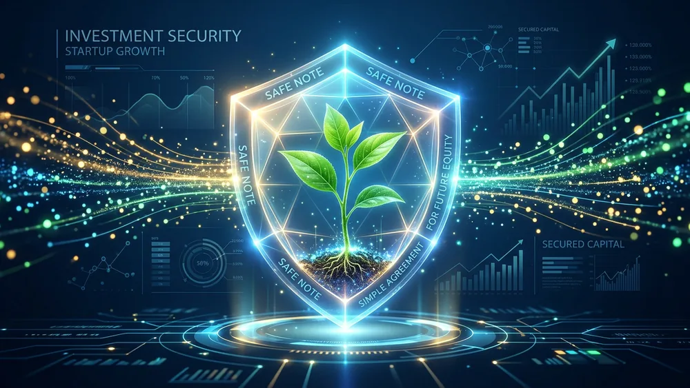 A glowing digital shield labeled SAFE note protecting a young seedling surrounded by financial charts, illustrating investor protections when investing through SAFE notes