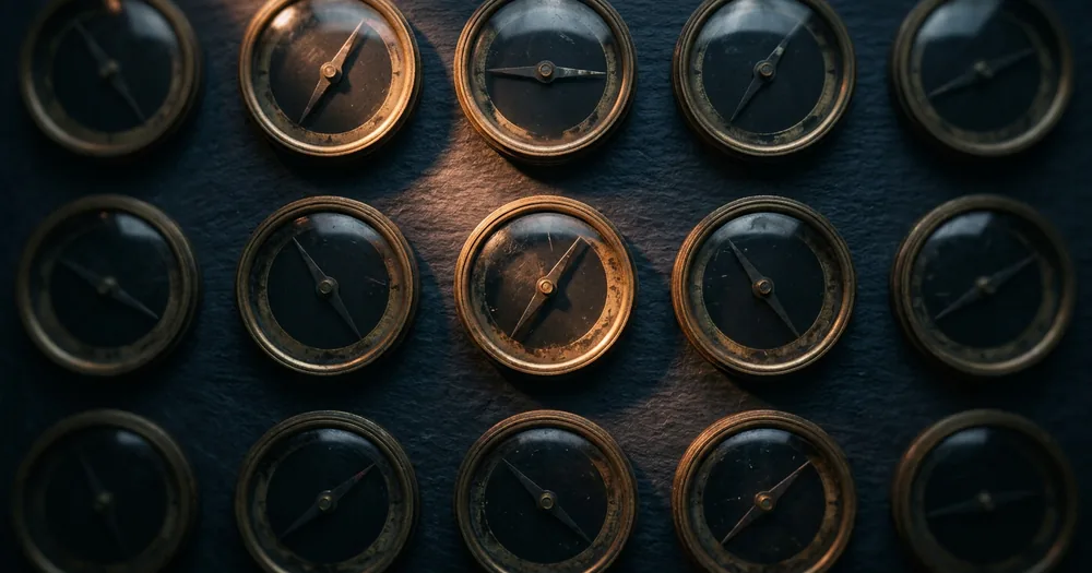 A grid of identical antique brass compasses, each needle resting at a different angle