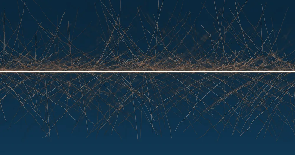 A luminous horizontal line across a deep navy field, with a dense band of fine copper filaments riding just above it and a scattering of longer strands falling away below.