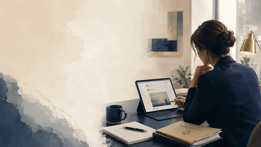 Employer reviewing an employee's social media post on a tablet beside an employee policy binder, weighing a discipline decision