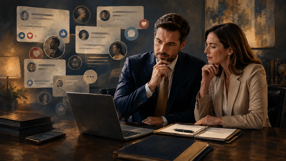 Two business professionals reviewing an employee's social media activity on a laptop, with floating social posts, profile photos, likes, and comment icons in the background