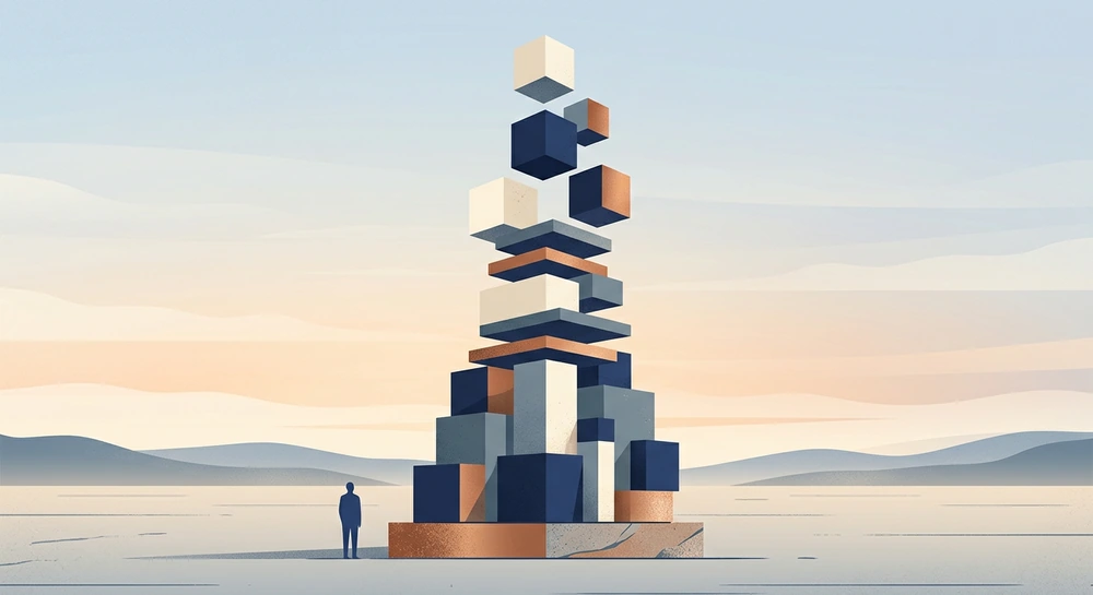 Abstract illustration of geometric blocks stacking upward into a tower, the lower blocks settled and the upper blocks still floating into place, with a small figure at the base for scale