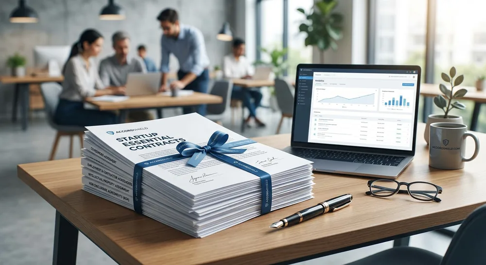 A bound stack of essential startup contracts, including founder, contractor, IP assignment, and non-disclosure agreements, on an office desk beside a laptop as a startup team works in the background