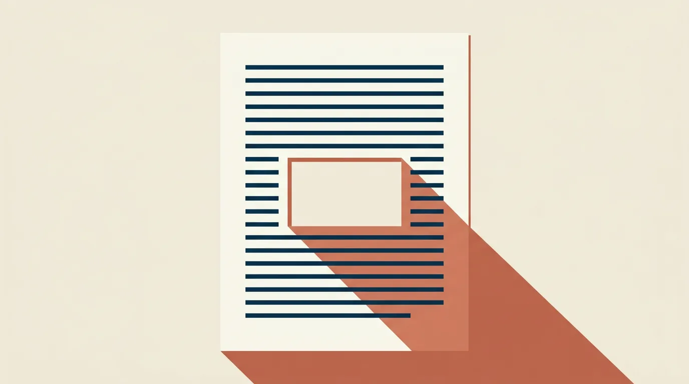 A sheet of navy text-lines with one rectangular section missing; the empty space casts a shadow larger than itself.