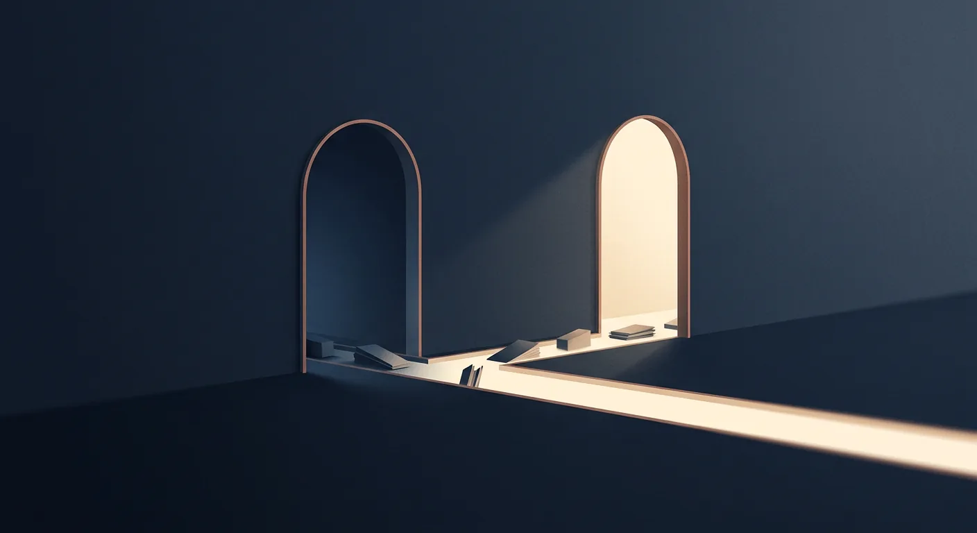 Two mirrored archways connected by a channel of light that narrows partway across, with some objects crossing and some left stranded at the narrow point.