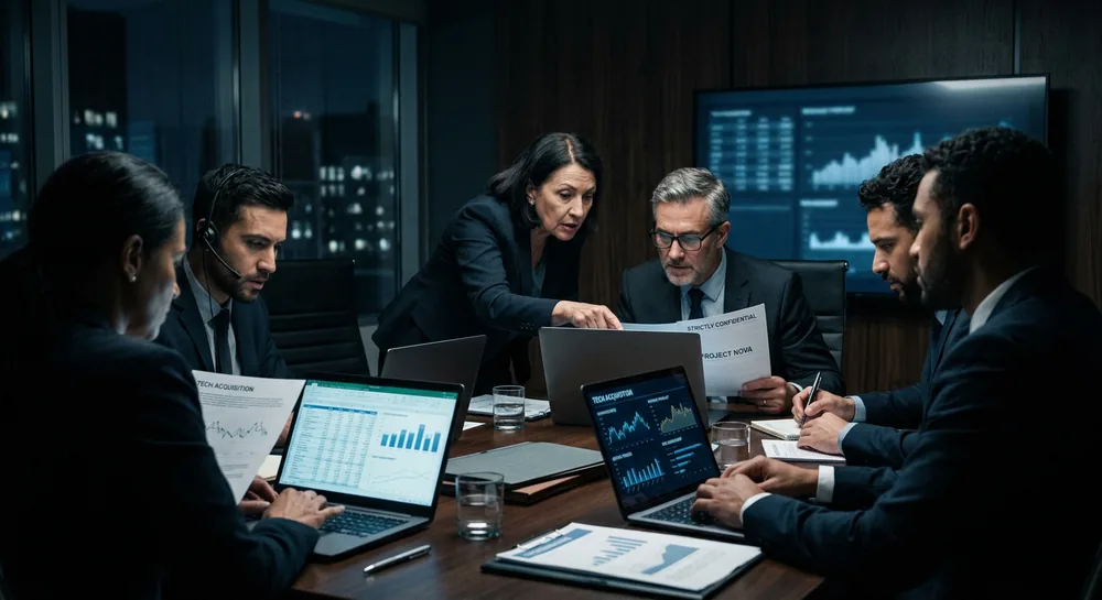 Acquisition team reviewing tech company due diligence documents and financial dashboards in a late-night conference room