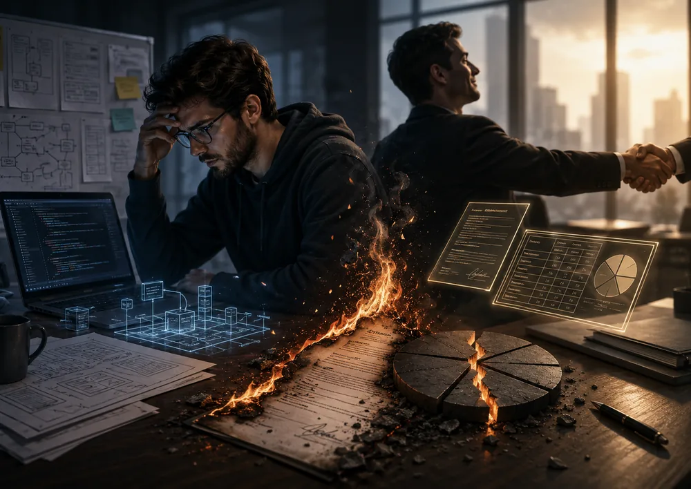 Technical co-founder working late on code while business partners shake hands over a burning agreement and a cracked equity pie chart