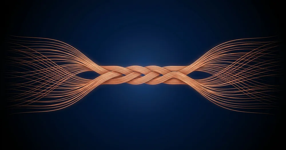 Fine copper filament lines streaming in from the left and right of a deep navy field, interweaving into a single ordered braid at the center.