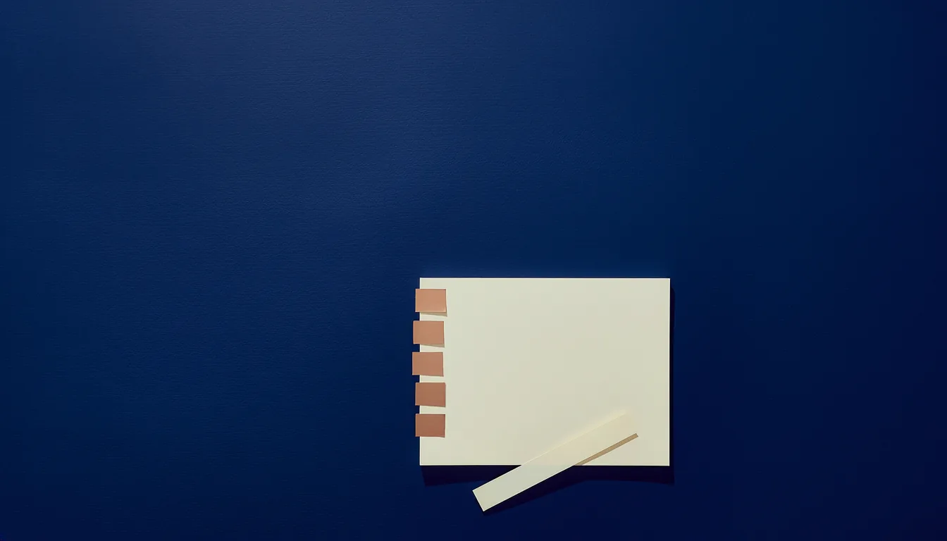 A cream sheet on a navy surface with five small copper tabs along its left edge and a narrow cream strip lying across its lower corner.