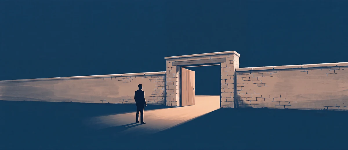 Editorial illustration of a business figure before a long stone boundary wall with one wide gate standing open, warm light coming through the opening