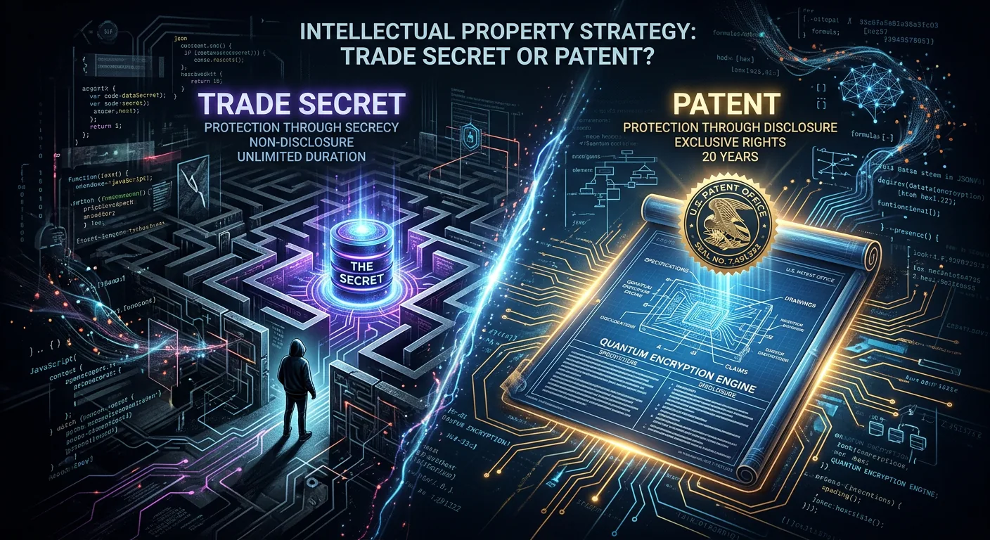 Split-panel illustration contrasting trade secret protection, shown as confidential information guarded inside a maze, with patent protection shown as a publicly disclosed patent document