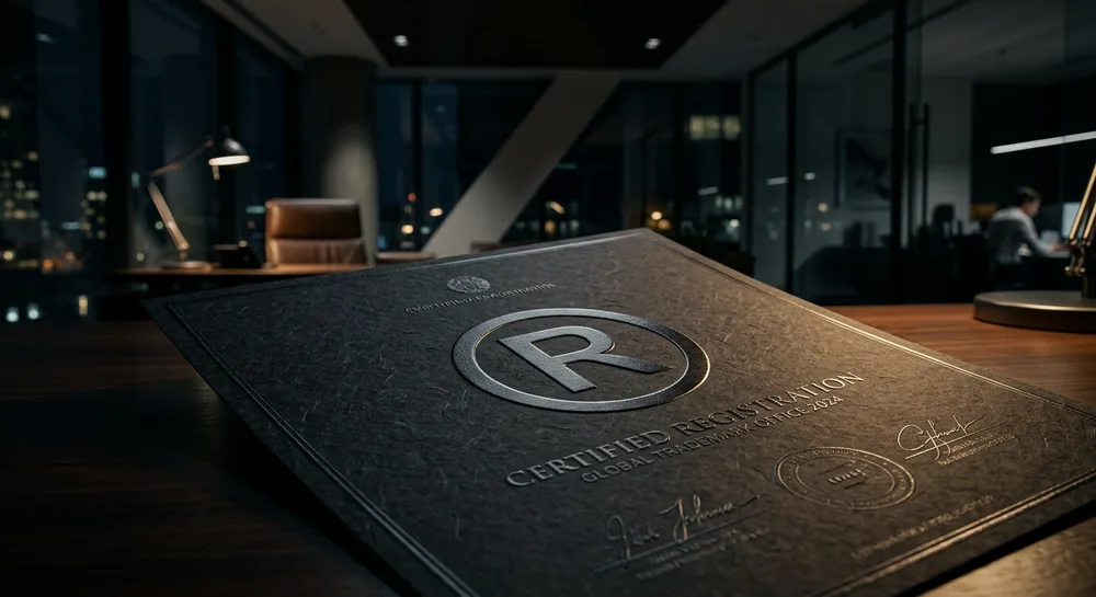 Embossed trademark registration certificate with a registered trademark symbol on an attorney's desk at night