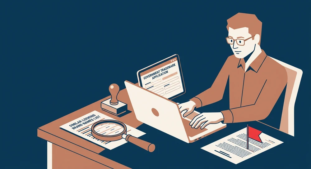 Illustration of a business owner at a laptop filling out a government trademark application, with a magnifying glass over a list of similar-looking brand names and a red flag marking a document on the desk